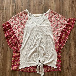 Boho Floral Top Mixed Prints Tie Front Sz. L